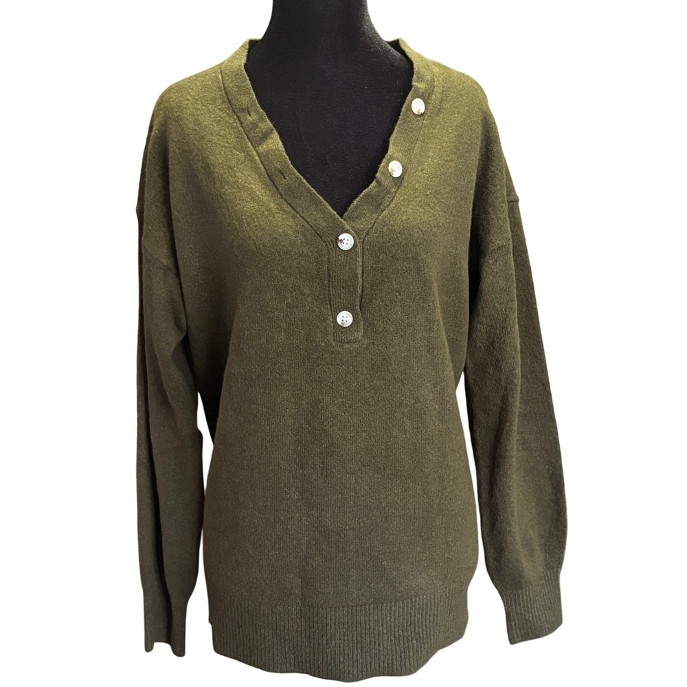 OAT NEW YORK Women's Sweater Size M Olive‎ Green Button Up V Neck Knit NWT